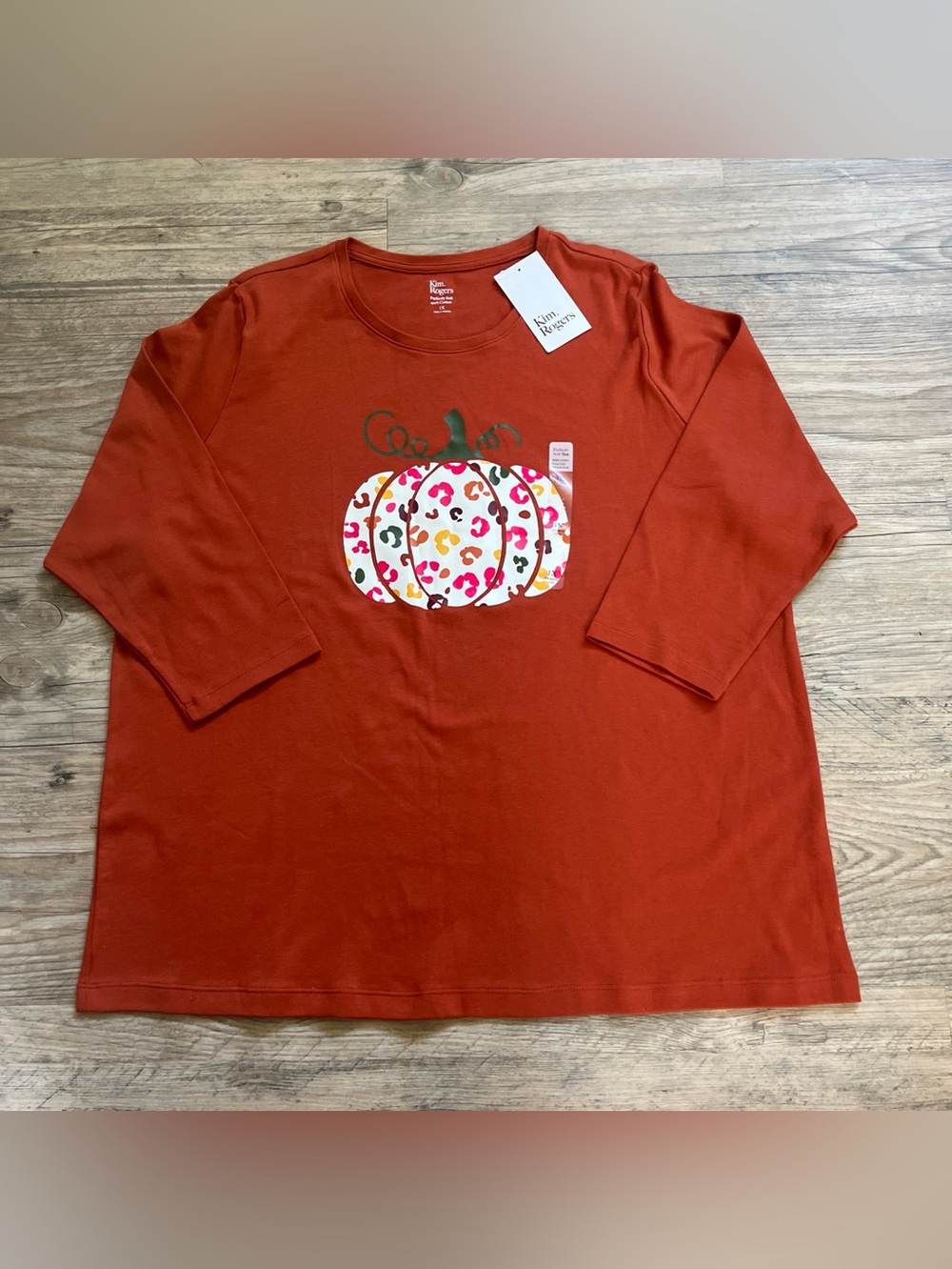NWT Kim Rogers 1X Plus Burnt Orange Animal Print Pumpkin 3/4 Sleeve Graphic Tee